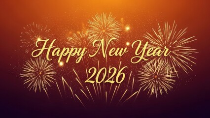 Golden fireworks illuminate the night sky celebrating the arrival of happy new year twenty twenty six with sparkling text