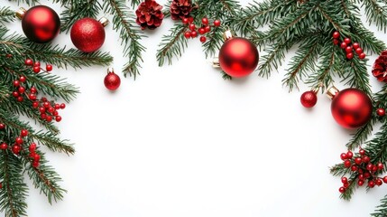 Christmas tree branches with red ornaments and berries on a white background.
