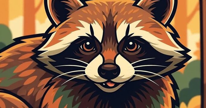 A close-up illustration of a raccoon in a forest setting, showcasing its detailed fur and expression