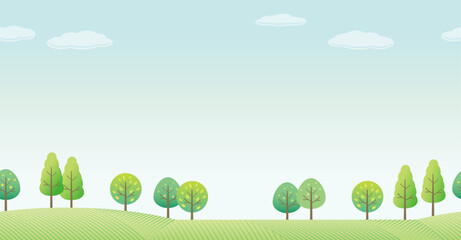 Seamless Hilly Forest In Spring Vector Illustration With Text Space. Horizontally Repeatable.