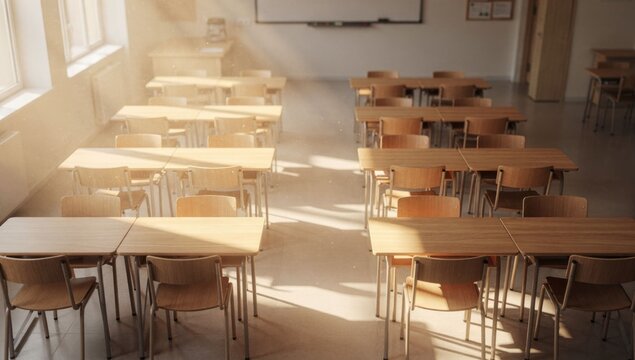 Empty classroom with desks & chairs, sun rays