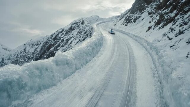 Sleek Metallic Vehicle Descends Icy Mountain Pass Under Overcast Sky