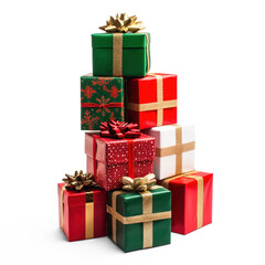 A pyramid of colorful gift boxes with ribbons and bows on a white background.