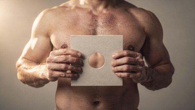Muscular torso holds card with hole, looking through