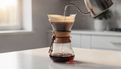 Pour-over coffee brewing, bright kitchen backdrop