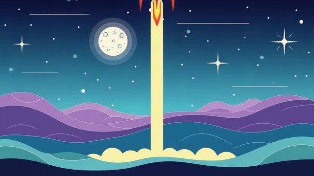 Retro Styled Rocket Launching Into Starry Night Sky With Full Moon And Stylized Landscape Background