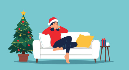 A woman wearing a Santa hat relaxes on a cozy sofa next to a decorated Christmas tree, enjoying a quiet holiday at home.