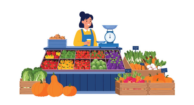 Friendly female grocer standing behind a colorful farmers market stall filled with fresh organic vegetables, fruits, and produce. - Powered by Adobe