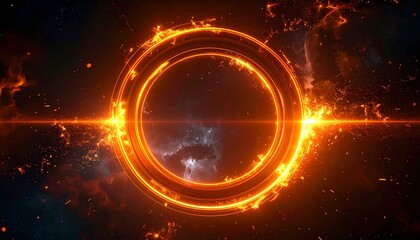 A cosmic explosion with a bright orange circular core radiating energy in a star field with a dark blue center 