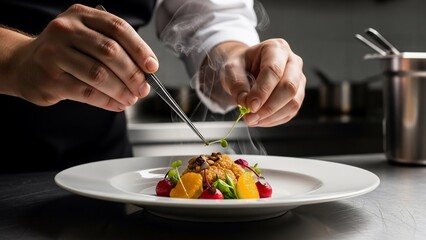 Chef meticulously garnishing a gourmet dish with precision and care.