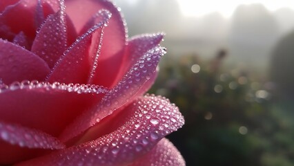 Close up of a pink rose covered in morning dew drops with soft sunlight in the background.