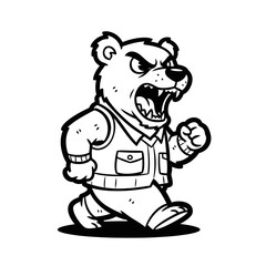 Angry Cartoon Bear Wearing Utility Vest Walking Forward. Vector illustration.