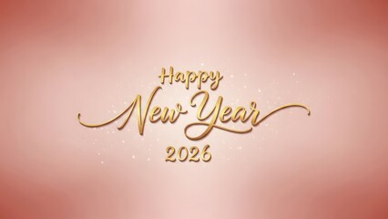 Elegant golden script wishing happy new year 2026 against a soft pink sparkling background for celebration