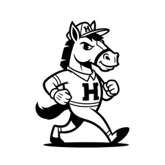 Cartoon Horse Mascot In Walking Pose With Letter H Jersey.