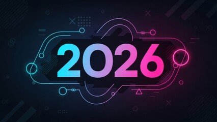 Glowing neon digital year 2026 graphic design with futuristic circuit board elements against a dark background