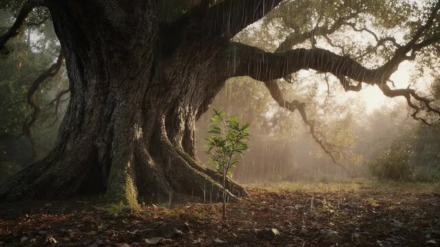 Majestic Ancient Oak Tree With Lush Green Sapling Growing Beside It In Misty Forest During Golden Hour Sunlight