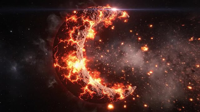 Burning crescent moon shape breaking apart in deep space with intense fire and stellar background