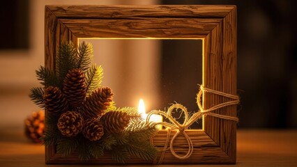Rustic wooden picture frame adorned with pine cones and evergreen branches featuring a glowing candle for cozy holiday ambiance