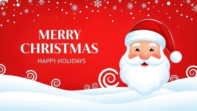 Cheerful cartoon Santa Claus peeking over a snowy landscape with merry christmas text on a red background - Powered by Adobe