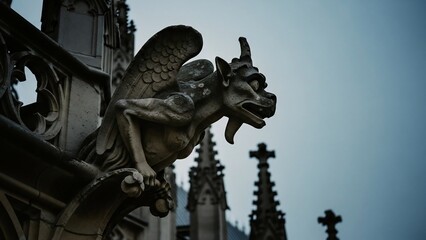 Gargoyle Sculpture on Old Building Facade.