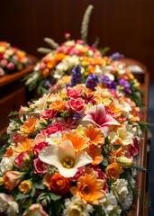 Fototapeta premium Caskets flowers arranging colorful flowers on a casket at funeral service funeral flowers grief death flower loss ceremony floral sadness cemetery mourning dead