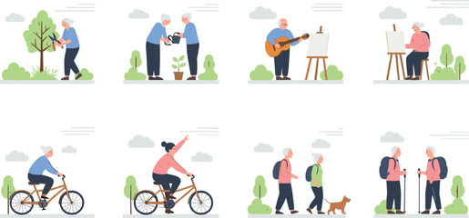 Vector illustration set featuring seniors engaging in outdoor activities such as gardening, painting, cycling, walking, and playing music, promoting active and healthy lifestyles