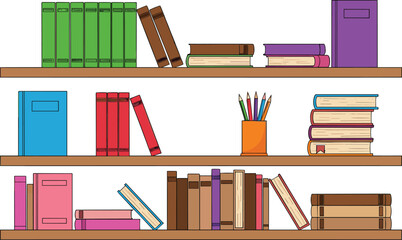 Colorful vector illustration of bookshelves filled with books, notebooks, pencils, and stacked items, perfect for education, library themes, and study-related designs © Rumi