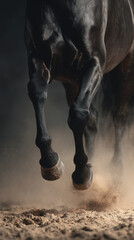 Black Horse Powerful Legs Galloping Through Dust With Dramatic Moody Lighting Emphasizing Strength Motion 