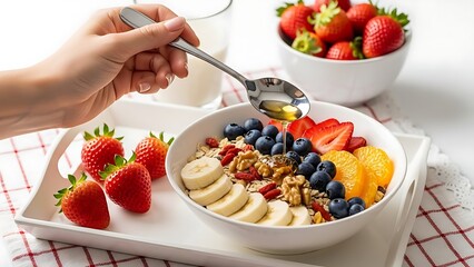 Hand Pouring Golden Honey Over Healthy Breakfast Bowl with Fresh Berries and Granola