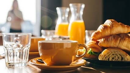 Cozy Morning Breakfast with Steaming Coffee, Fresh Orange Juice, and Golden Croissants