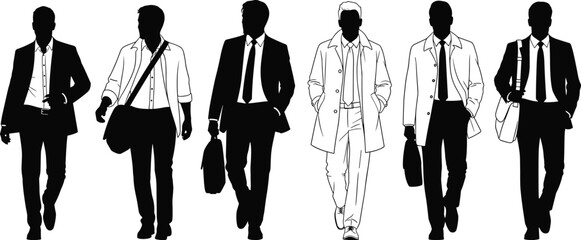 Six men in business attire walking in silhouette and line art black and white