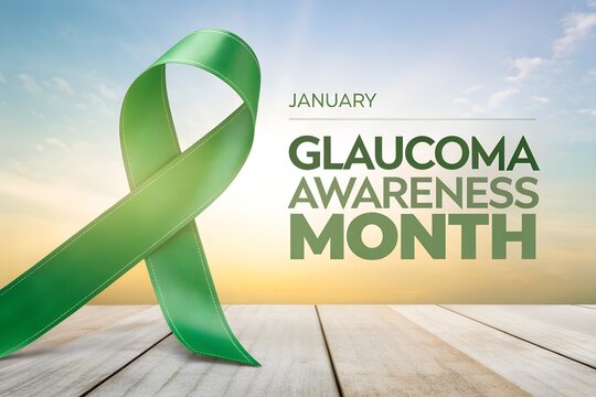 Green ribbon symbolizing glaucoma awareness month displayed against a bright sky over wooden planks