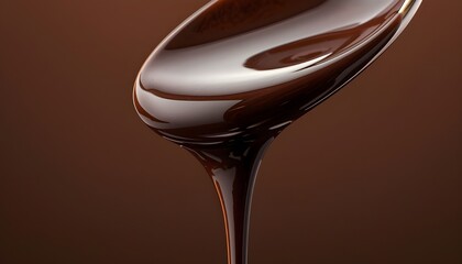 Melted Dark Chocolate Dripping from Spoon on Brown Background