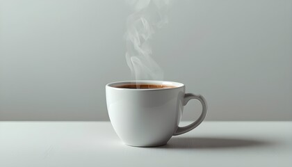 Hot Coffee in White Ceramic Cup with Rising Steam on Minimalist Background