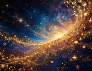 Celestial artwork featuring swirling cosmic elements and scattered stars