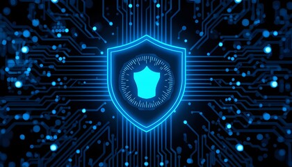 Glowing Cybersecurity Shield Over Futuristic Blue Circuit Background