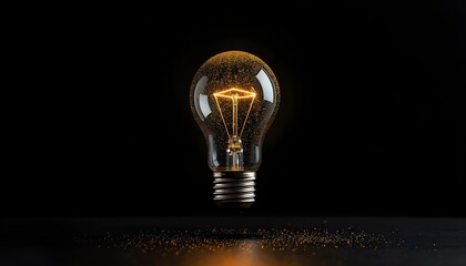 Glowing Floating Light Bulb With Golden Particles On Dark Background