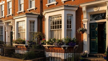 Row of traditional terraced houses with bay windows and flower boxes.