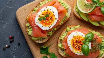 Healthy Avocado Toast with Smoked Salmon and Soft-Boiled Egg, Top View