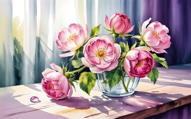 Obraz premium Delicate Pink Roses in a Glass Vase Bathed in Soft Sunlight, Evoking a Sense of Serenity and Natural Beauty