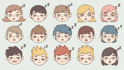 Collection of Tired and Sleepy Faces Expressing Exhaustion.