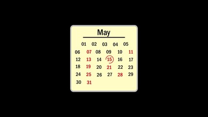 May month 15 date calendar icon animation. Analog calendar design month video ,May 15th. calendar until May 15th, concept animation.15 May Calendar Date Animation.