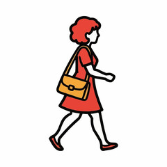 Woman with Red Hair and Orange Dress Walking with a Shoulder Bag.