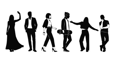 Diverse group of people in silhouette with varied clothing and poses vector
