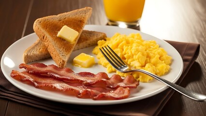 Classic American Breakfast with Scrambled Eggs, Crispy Bacon, Toast, and Orange Juice