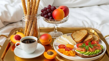 Luxurious Breakfast in Bed with Coffee, Fresh Fruit, Cheese, and Salmon Toast on Golden Tray