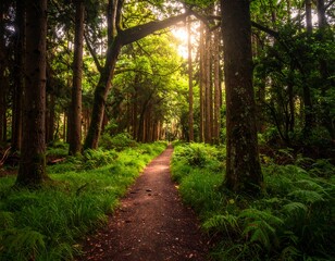 Forest path stretches into the distance, dappled with sunlight filtering through the trees