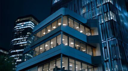 Fototapeta premium Illuminated office building at night urban setting modern architecture nighttime perspective