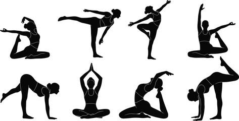 Black silhouette yoga poses of a woman in various positions on white background exercise