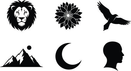 Black silhouette icons of lion head flower bird mountains moon and head profile lion head silhouette